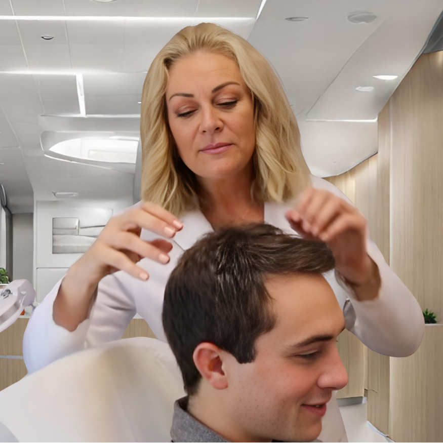 Certified trichologist Misti Barnes performing in-office scalp examination for menopause hair loss in Gilbert Arizona